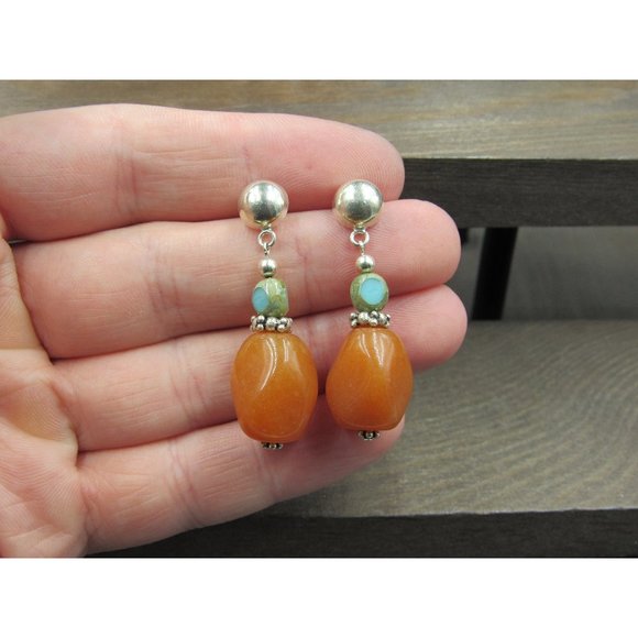 Sterling Silver Orange Semi Precious Stone Large Earrings Vintage Wedding - Picture 1 of 7